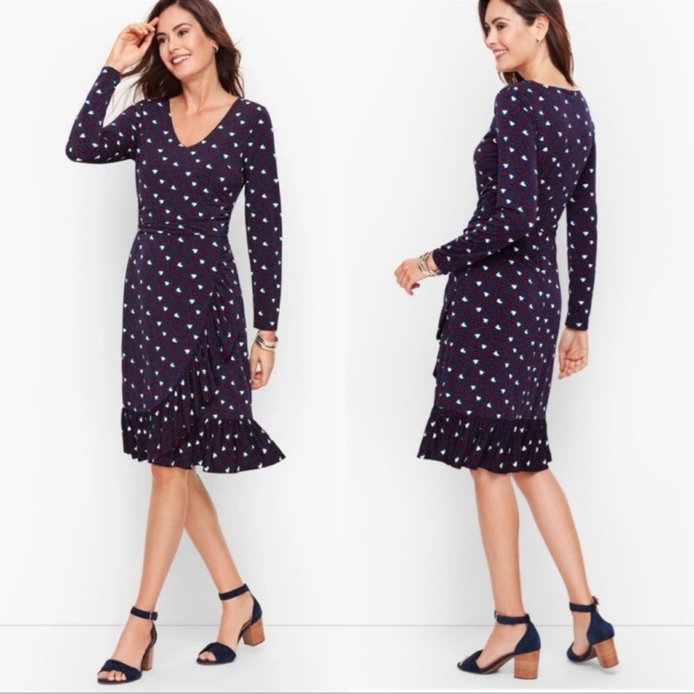 Talbots Navy Polka Dot Heart Print Faux Wrap Ruffle Valentines Day Dress Size 2